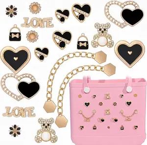 20 Pcs Footwear & Beach Bag Charm Accessories - Butterfly, Flower, Bear, Black Heart, Beige & Bling Chain Inserts Compatible with Bogg, Simply Southern Rubber Tote Handbags for Birthday Gifting