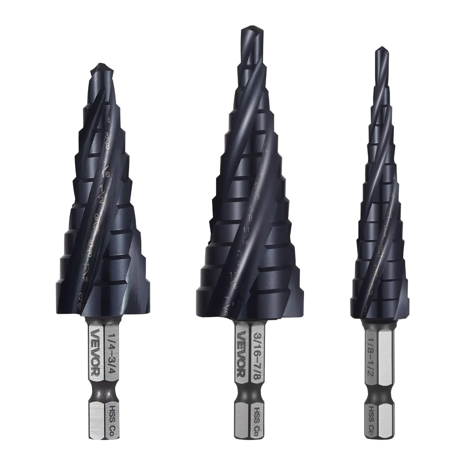 【summerfinds】VEVOR 3-Piece Step Drill Bit Kit, 1/8-7/8 in & 3/16-7/8 in Sizes, 1/4 in Hex Shank, TiAlN Coated Cobalt HSS, 118° Tip Power Drill Bits for Sheet Metal, Wood, Metal Bits