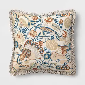 Square Bird in Nature Pillow with Printed Reverse and Ruffle Trim neutral - Threshold