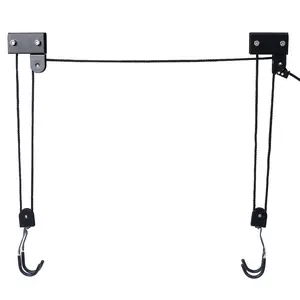 Black Steel and Rubber Garage Ceiling Kayak Hoist, 125lb Load Capacity, Rubber-Coated Hooks, Safety Locks, Ceiling Pulley, Compact-Mount Space-Saving Lift for Indoor Home Canoe Storage