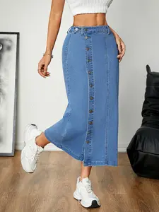 Women's Casual Stretch Mid Rise Long Denim Skirt Women Button Down Mid-Length Streetwear Denim A Line Skirt Womenswear Bottom Palda Basic Fitted Coat
