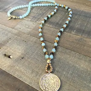 Luck and Prosperity, Aventurine and Tiger´s Eye Beaded Necklace with Tibetan Pendant, 108 Bead Mala