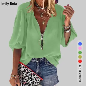 Imily Bela Essentials Womens Elegant V-Neck Lantern Sleeve Blouse Zipper Design Loose Casual Top Shirts TikTokShopBlackFriday,Christmas New Products