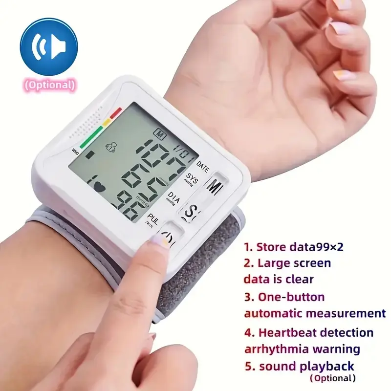 Portable Wrist Blood Pressure Monitor with LCD Display, Adjustable Cuff, One-Touch Operation, Pulse & Irregular Heartbeat Detection, Large Screen, Battery-Powered (Batteries Not Included), Ideal for Home Health, Hypertension & Heart Care.
