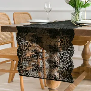 Floral Embroidered Lace - 16'x36', Black Runner for End, Coffee & Buffet Tables, Doily Dresser Runner, & Decoration