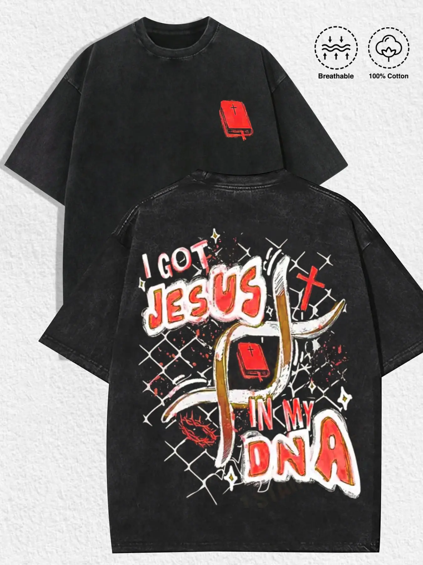 1 PCS I Got Jesus In My DNA Front Mini Bible Logo & Back Graffiti Fish Cross Crown Of Thorns Distressed Graphic Print, Retro Y2K Christian Faith Streetwear, Breathable Unisex Tee For Church Believers Casual Daily Outfit