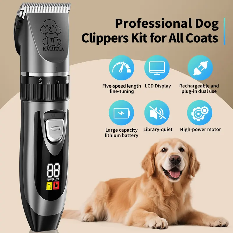 Gold Rechargeable Cordless Dog Grooming Clippers - Low Noise Electric Clippers with Adjustable Comb for Dogs and Cats