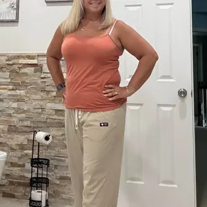 Customer wearing corduroy pants