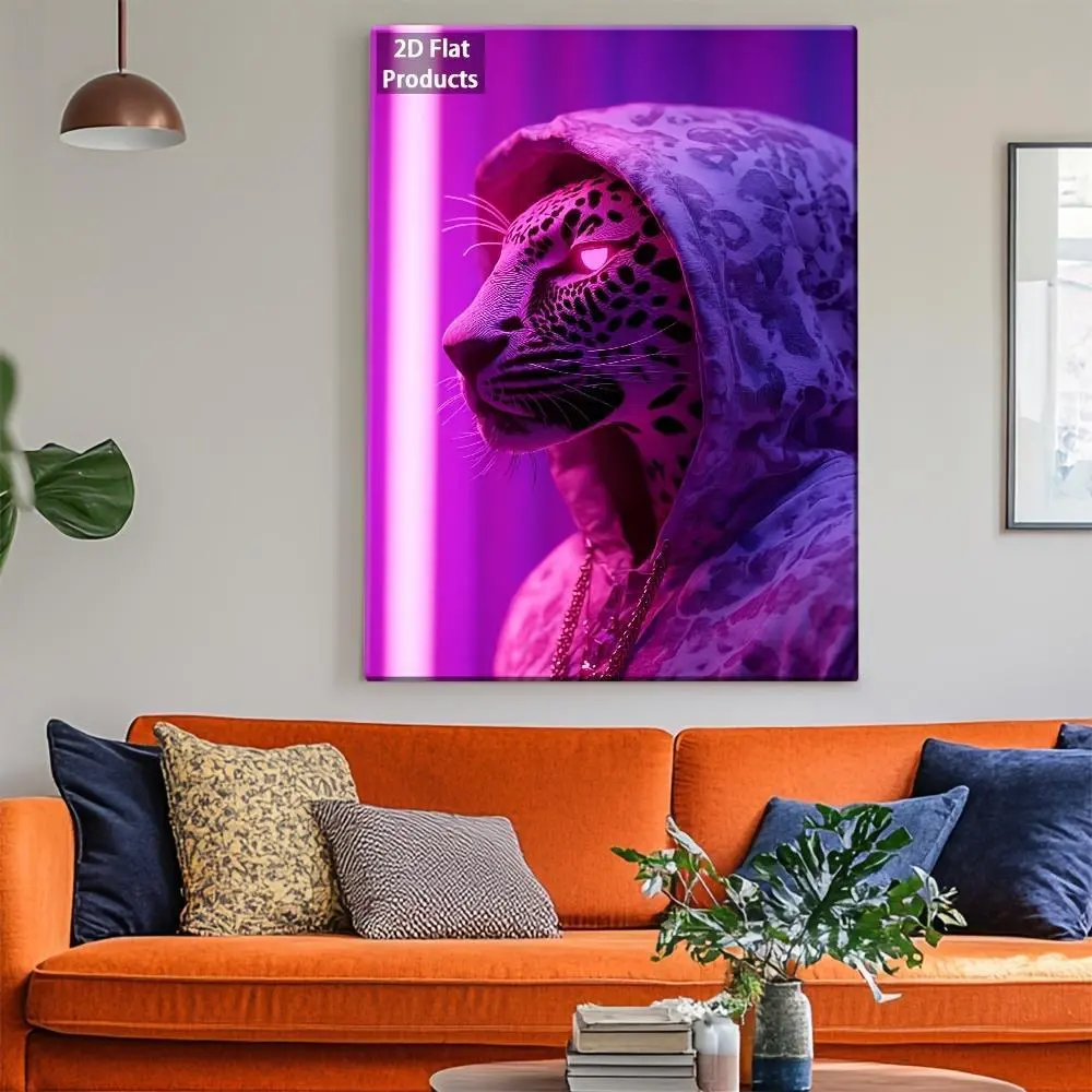 2D Flat, Leopard in Hoodie Neon Pink & Purple Wall Art – Framed, suitable for modern décor – Various sizes available – Professional picture framing service – High-definition (HD), Art Deco–style 2D flat