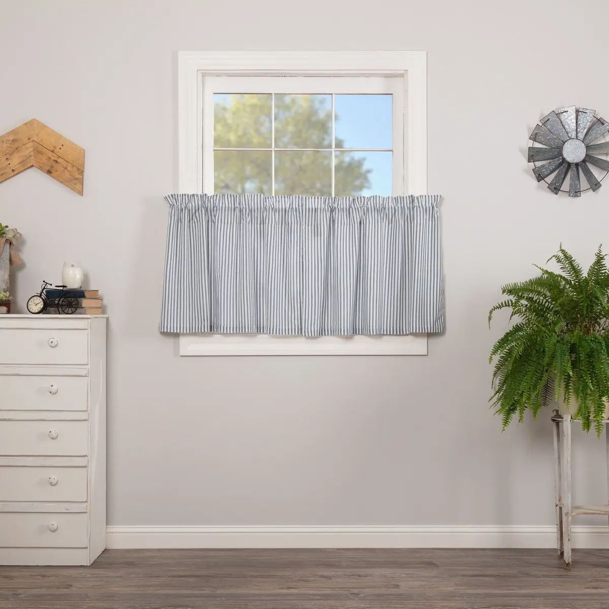 Farmstead Blue Ticking Tier Curtains 24"