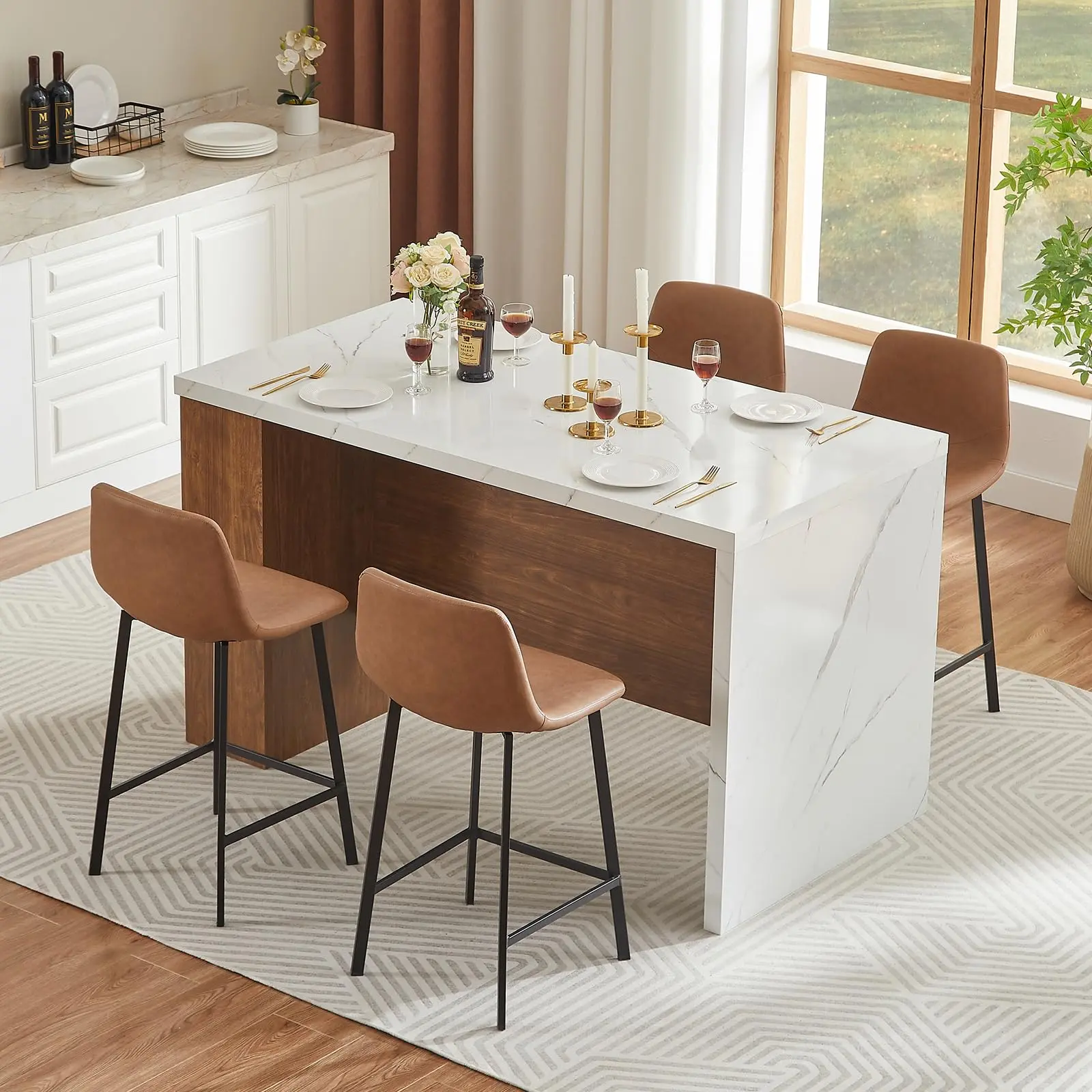 【SummerFinds】ONBRILL 61"x31" Large Wood Top Kitchen Island Table, Whole Board Tabletop with Storage Space, Power Outlet, LED Lights, Easy Setup Modern Imitation Marble Counter Height Dining Table for 4, For Four