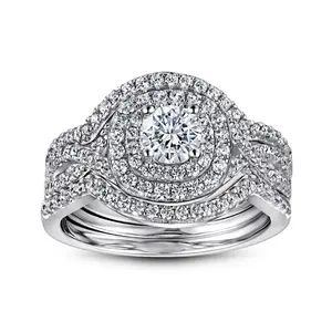 Jeulia 3PC Twist Halo Round Cut Sterling Silver Ring Set Sterling Silver Zircon Engagement