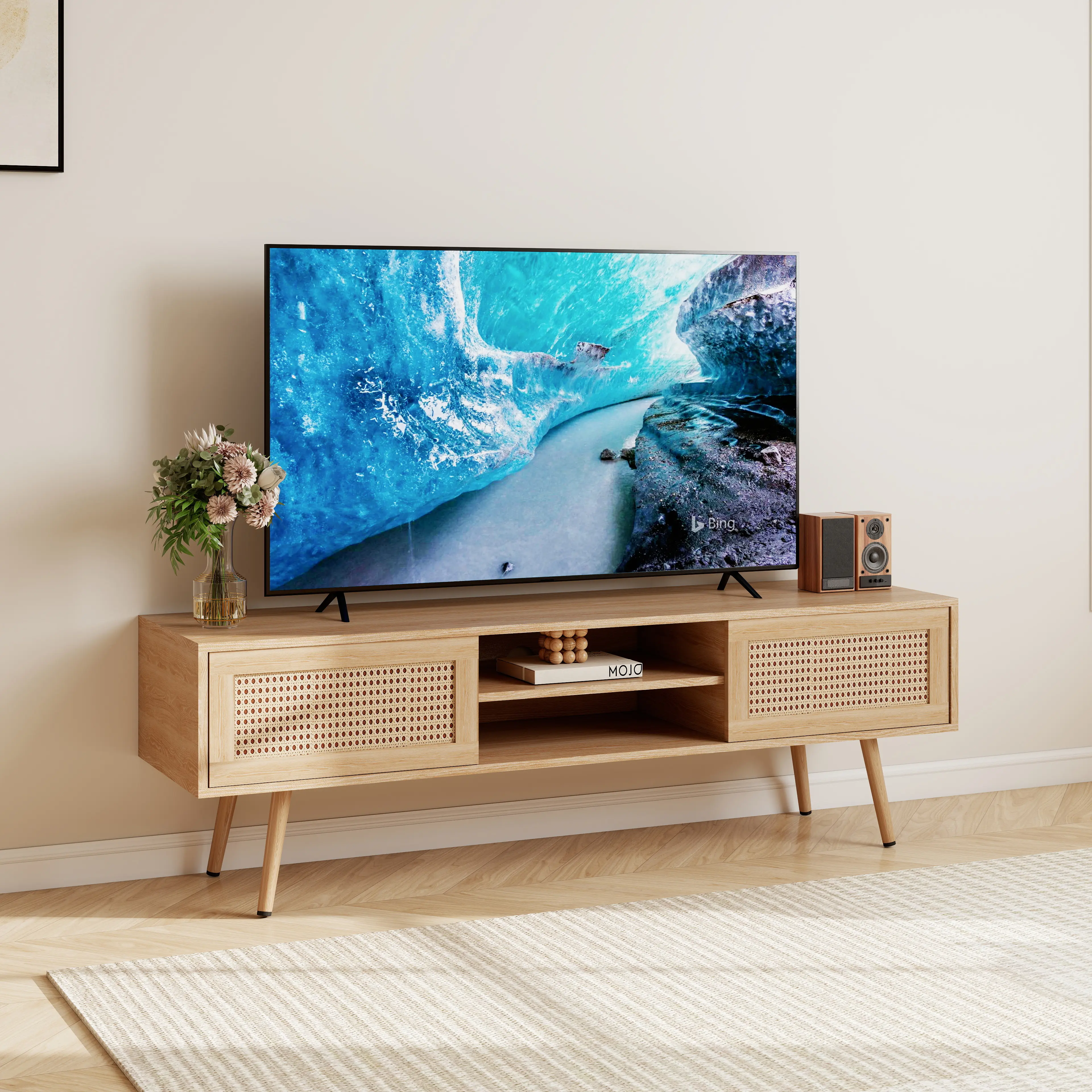 55 in Modern TV Stand - Minimalist Rattan Media Console with Double Sliding Doors, Adjustable Shelf, Storage Cabinet, Solid Wood Legs for Living Room, Boho Entertainment Center, Natural/White, Minimalist Tv Stand