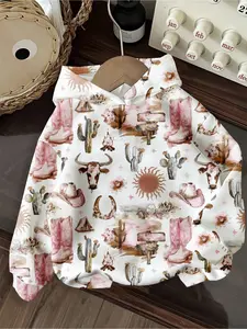 Bandit Top Vintage Western Cowboy Pattern, Back-To-School Printed Hoodie, Fall & Winter Streetwear, Casual Individuality Trendy