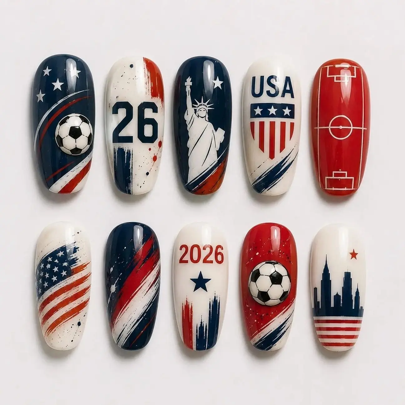 Heather Thorsen USA Soccer Press-On Nails, Patriotic Red White Blue Design, Statue Liberty Football Theme, Independence Day Handmade Nail Art