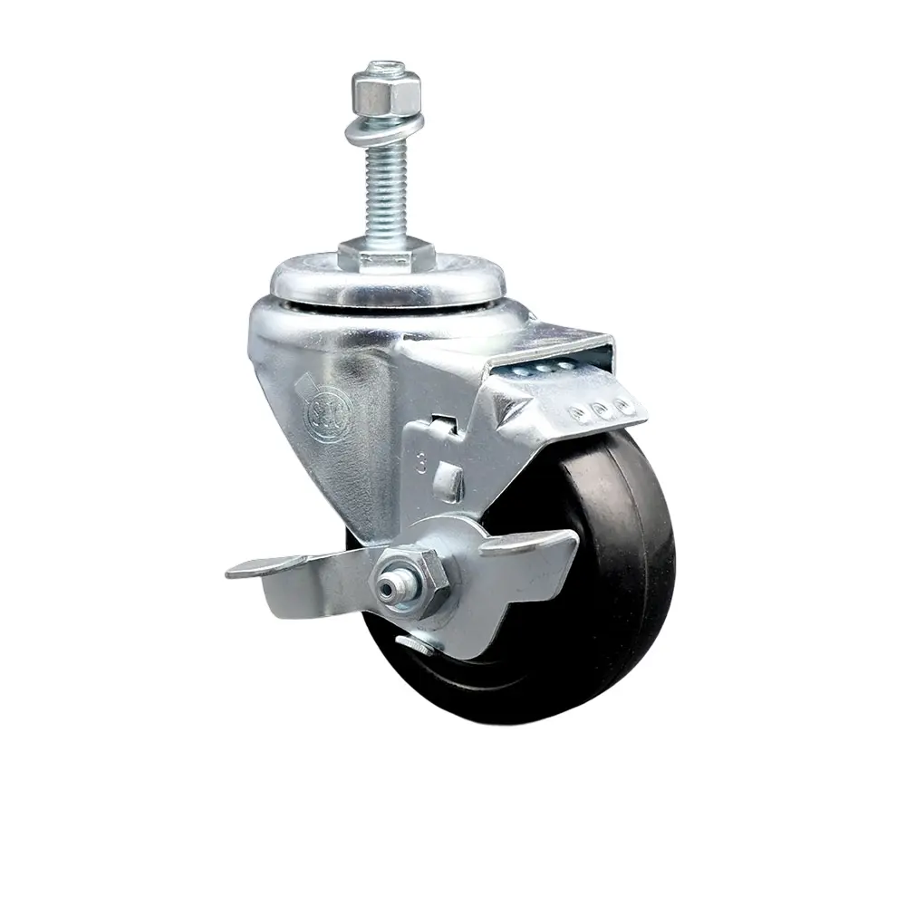 Service Caster SCC-TS20S3514-HRS-TLB-381615 Hard Rubber Swivel Threaded Stem Caster with Ball Bearings, 3.5x1.25 in Black Wheel, 0.38 in Stem, Top Locking Brake, for Material Handling Shop Carts, 285 lbs Load Capacity, Standard-Metric Sizes, 3.5 X 1.25 In
