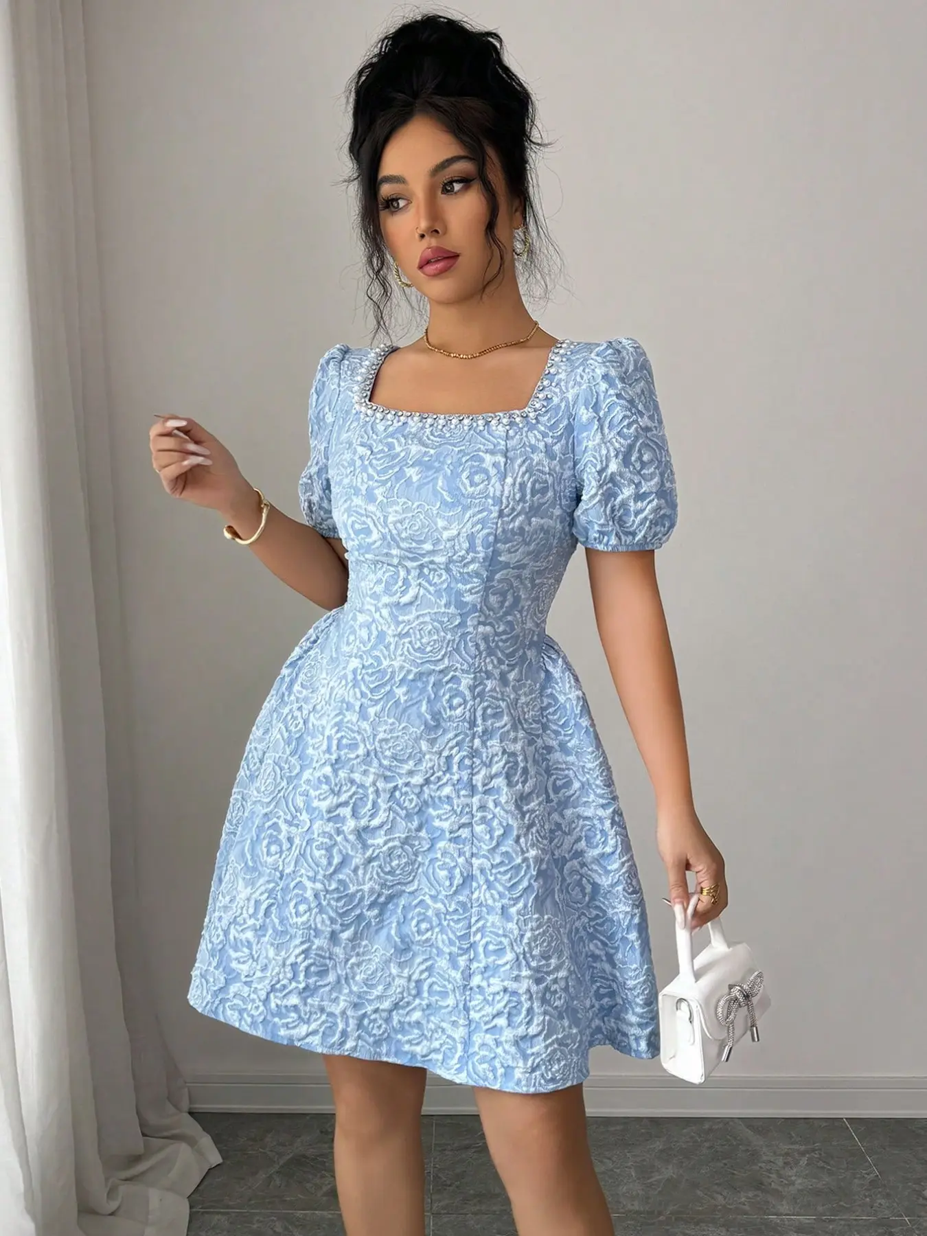 Elegant Women's Floral Neckline Beaded Short Sleeve Dress, Boho Style Summer Dresses, Chic Summer Fashion, Perfect for Casual Wear & Special Occasions