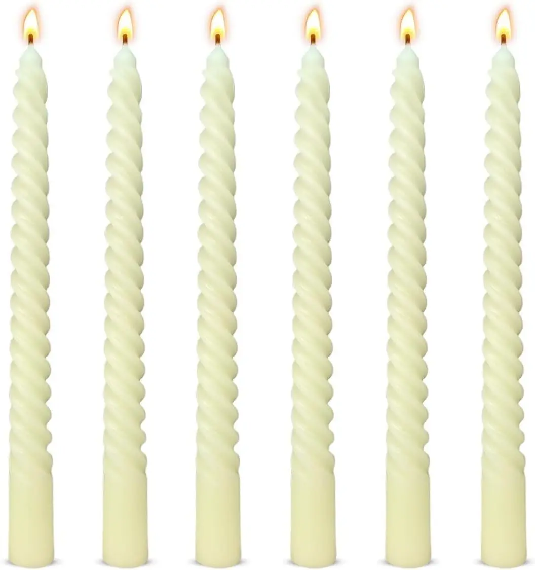 6-Pack 10-Inch Paraffin Wax Spiral Taper Candles - Unscented Dripless Twisted Wax Candlesticks for Weddings, Formal Events, Home & Festive Decor, Wick