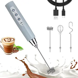 Cement Gray Milk Frother Wand for Coffee, Frother Handheld Rechargeable Electric Whisk with 3 Heads 3 Speeds Drink Mixer Coffee Frother  Maker For Latte, Cappuccino, Hot , Egg