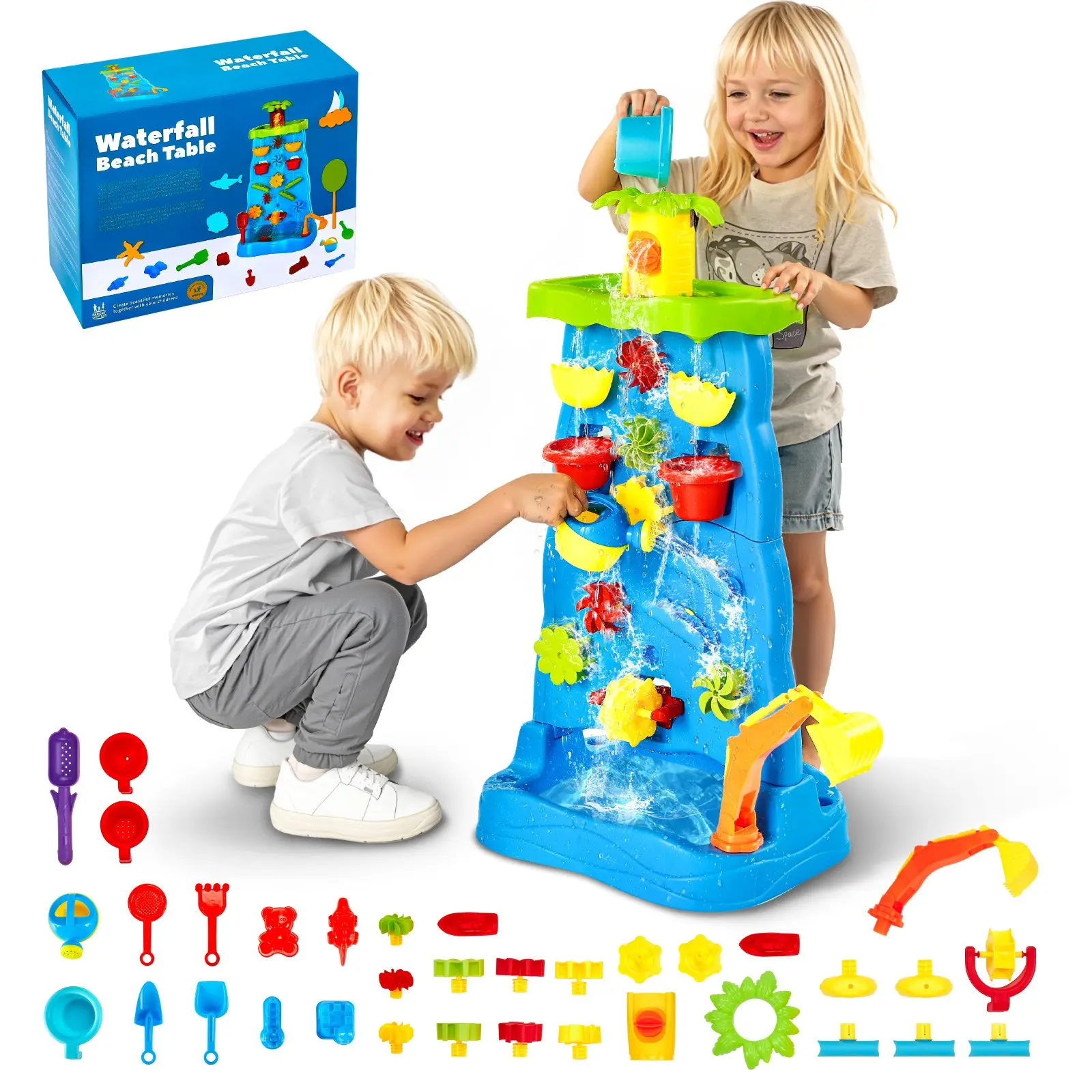 fathersdaygift VEVOR Sand and Water Table for Toddlers, Double-Sided Kids Activity Waterfall Playset with 37PCS Accessories, Kids Activity Sensory Table, Outdoor Summer Sand Water Play Table for 3+ Years Boys Girls