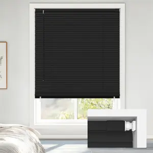 LazBlinds No Tools No Drill Cordless 1" Vinyl Mini Blinds, 100% Blackout Blinds for Indoor Windows, Room Darkening Privacy Window Blinds and Shades for Interior, 33" W x 64" H, Black
