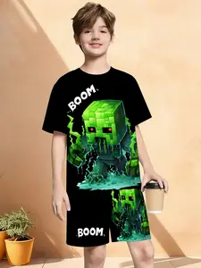 Boys' Minecraft Short Sleeve Set, Fun Pixel Game Style, Casual Fitted Tee, Asymmetrical Design, Natural Waist Shorts, Summer