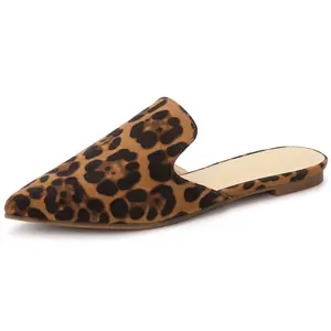 BLISSFUL STEP Women's Pointed Toe Flat Slides Mules Leopard