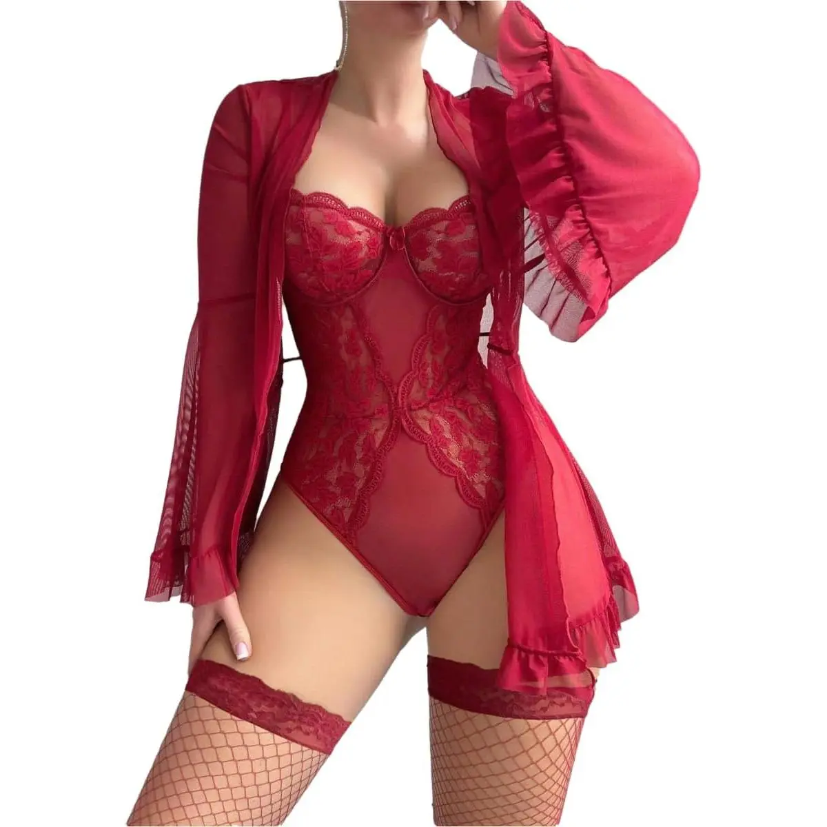 Women Sexy Lingerie Set 2 Piece Sheer Kimono Robe with Lace Teddy Lingerie Bodysuit ﻿
