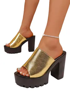 Bold Metallic Snake Print Platform Slides for Women, Glam Chunky Heel Sandals, Perfect for Summer Parties & Special Occasions
