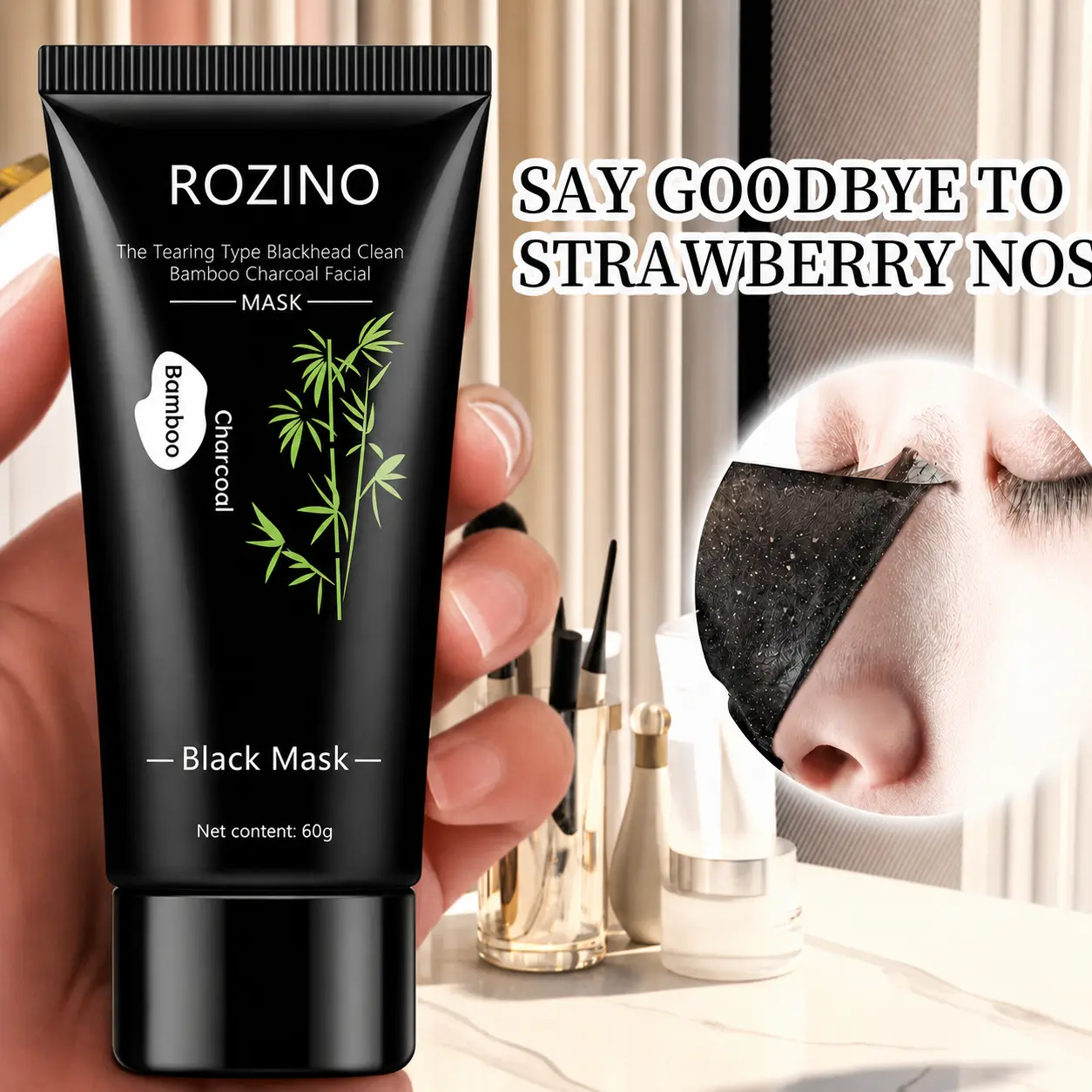ROZINO Bamboo Charcoal Blackhead Peel-Off Mask, Deep Pore Cleansing Face Treatment for Oily Skin & T-Zone Impurity Removal, 60g, Alcohol-Free, Apply Then Peel, Charcoal Extract, Pore Control