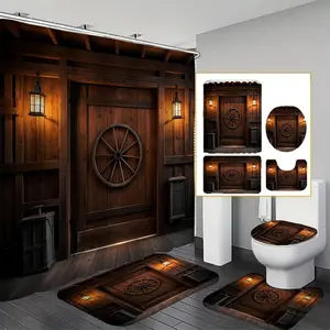 Farmhouse Style Bathroom Curtain Set, Waterproof Shower Curtain, Non-Slip Bath Mat, Toilet Lid Cover, 12 Hooks, Home Decor Accessories