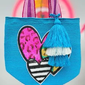Turquoise Wayuu Tote Bag with Colorful Heart Design | Handmade Crochet Shoulder Bag | Boho Artisan Handbag for Women