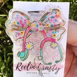Badge Reel Pink Floral Croquette Bow ID Holder Retractable Nurse Healthcare Reel Clip Medical Worker Funny Personalized Cute Nurse Gift