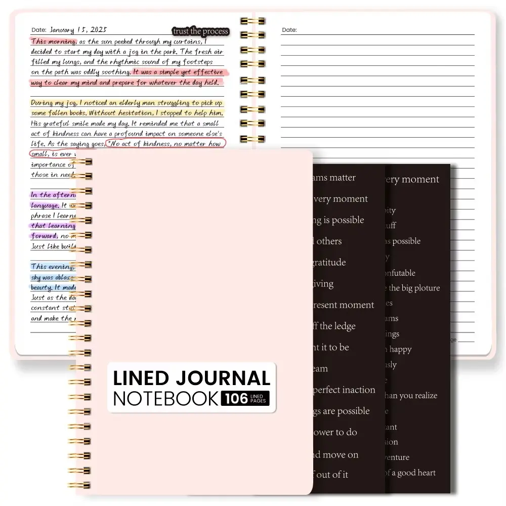 A5 Lined Journal Notebook with Motivational Stickers, Spiral Diary, 106 Pages Aesthetic Planner for Women, Work & Study, Study Notes, Work Planning, Journals for Writing