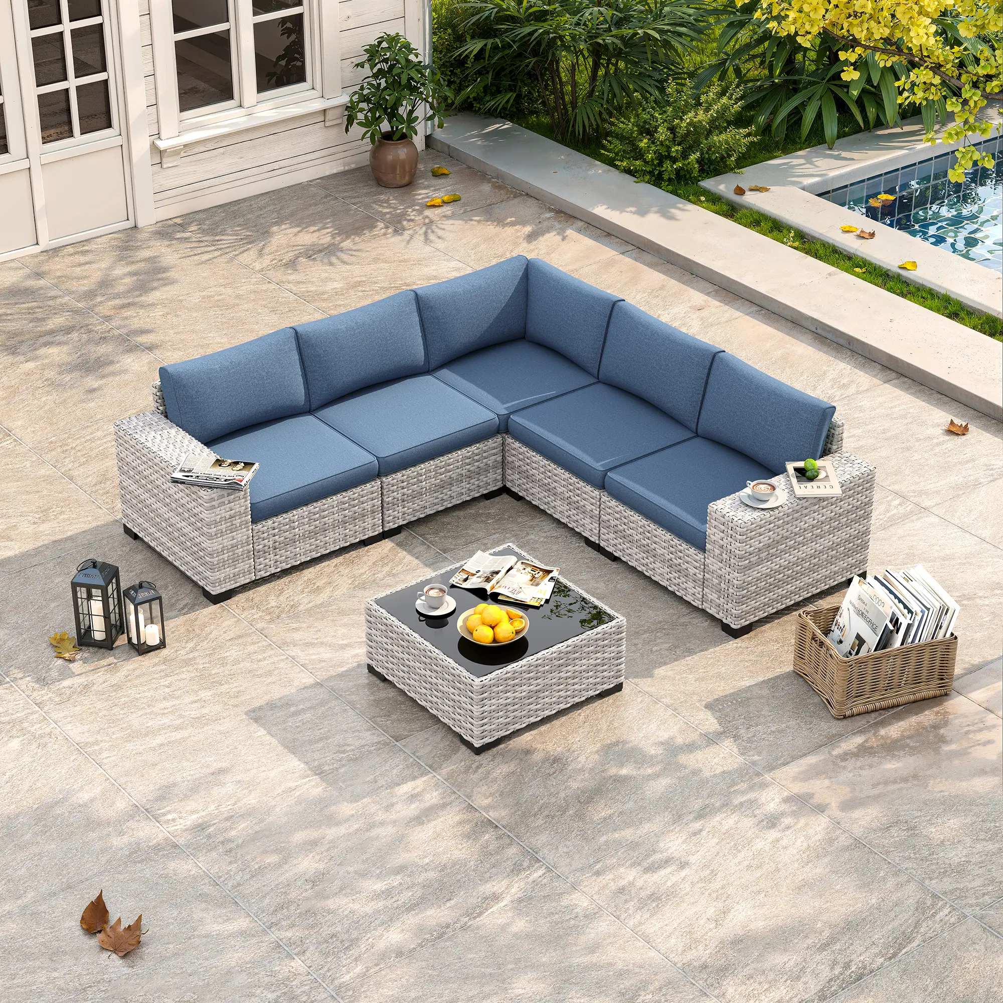 【2 packages delivery】6 Piece Outdoor Sectional Sofa Set, 5-Seats Patio Wicker Conversation Set with 4" Thickened Cushions & Coffee Table, All-Weather PE Rattan for Garden, Backyard, Porch, Patio Furniture Sets, Outdoor Furniture Set, Boneless Sectional Co