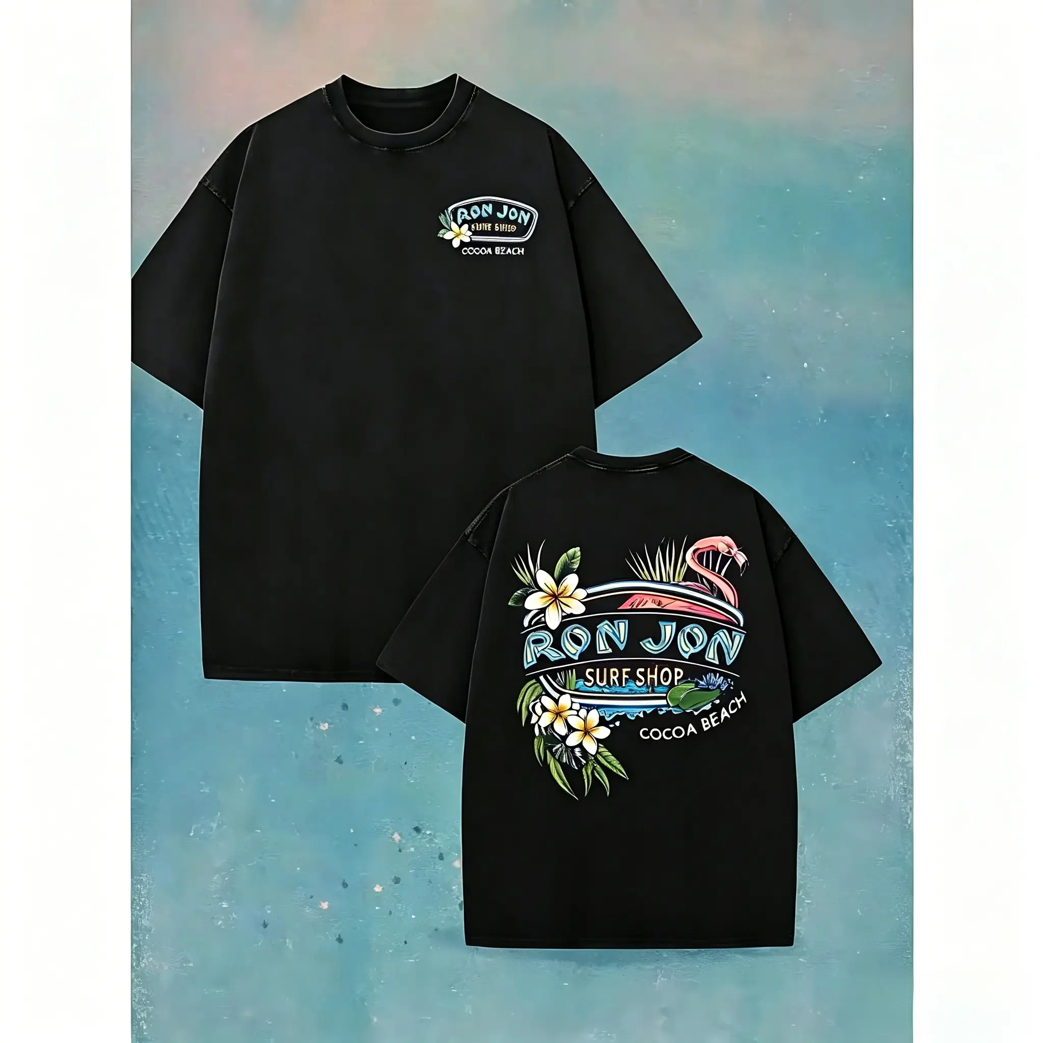 Women's Smooth Graphic T-Shirt, Tropical Flamingo & Surfboard Print, Dual-Sided Beach Carnival Design, Crew Neck Short Sleeve, Beach Outfits, Machine Washable Women's Clothes Tops for Summer Occasions, Clothes For Women