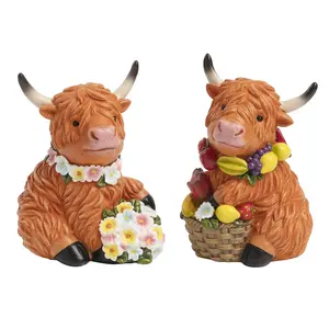 2Pcs Highland Cow Figurine Decor, 5In Resin Scottish Highland Cow Gifts, Home Kitchen Table Tiered Tray Statue Decoration