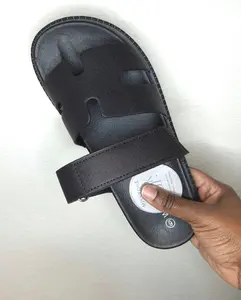 Black Velcro Slip on Sandals - Women's Casual Stacked Foot Bed with PU Leatherette Material & 1 1/8" Heel