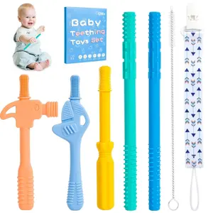 5-Pack Baby Teething Tubes – BPA-Free Silicone Hollow Chew Straws for Toddlers 6–12 Months | Molar Teether Toys in Hammer & Wrench Shapes – Baby Gift for Boys & Girls
