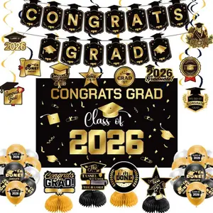 Graduation Decorations 2026 Gold Themed Set - Congrats Grad Banner, Class of 2026 Backdrop, Balloons & Streamers Kit - Complete Party Supplies for High School & College Celebrations Zerunyiw