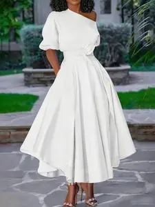 Women's Fashion Elegant Midi Dress, Asymmetrical Shoulder Strap, Plain Color, Slim-Fitting Waist Belted Design, Perfect for Casual Wear