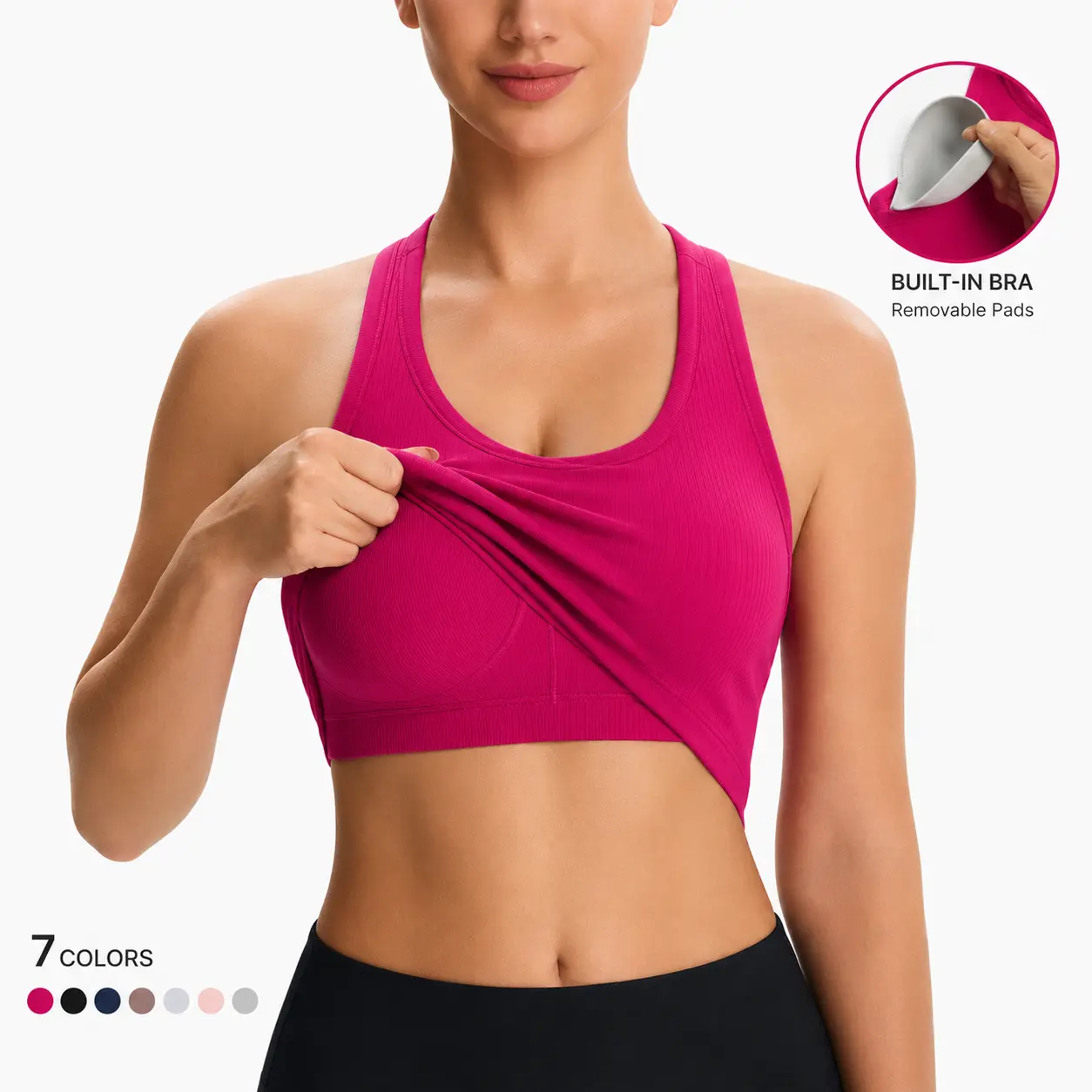 Women's Ribbed Racerback Sports Vest Tank Top - Built-in Seamless Bra, Tight Compression Fit, Scoop Neck, Suitable for Summer Yoga & Athletic Wear, Sports Vest Tank Style Women's