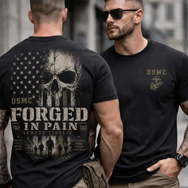 American Guardian USMC Forged in Pain Shirt, American Flag Skull Marine Corps Graphic Tee, Semper Fidelis Military T-Shirt, Veteran Gift for Men