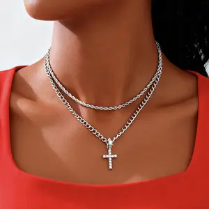 Women's CZ Cross Pendant Double Layer Y-Shaped Cuban Chain Choker Necklace - Cross Statement, Double Stacked, Mixed-Length, Multi-String, Set Necklaces, Cross Statement Necklaces