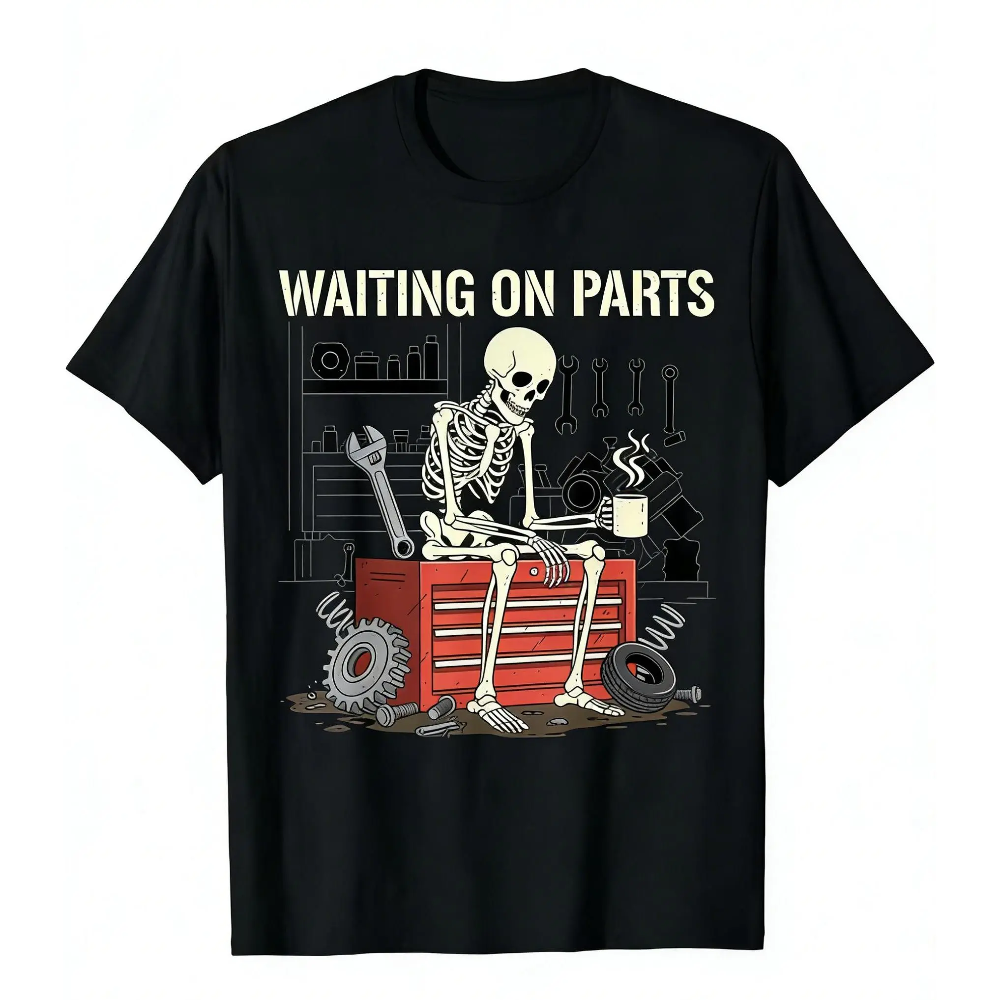 Waiting On Parts Funny Skeleton Auto Mechanic Technician T-Shirt For Men Women Couple | Trendy Tops Short Sleeve, Street Style, Comfort Tee, Casual Summer Tee, Must-Have Fashionable Tee