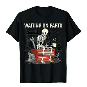 Waiting On Parts Funny Skeleton Auto Mechanic Technician T-Shirt For Men Women Couple |   Trendy Tops Short Sleeve, Street Style, Comfort Tee, Casual Summer Tee, Must-Have Fashionable Tee