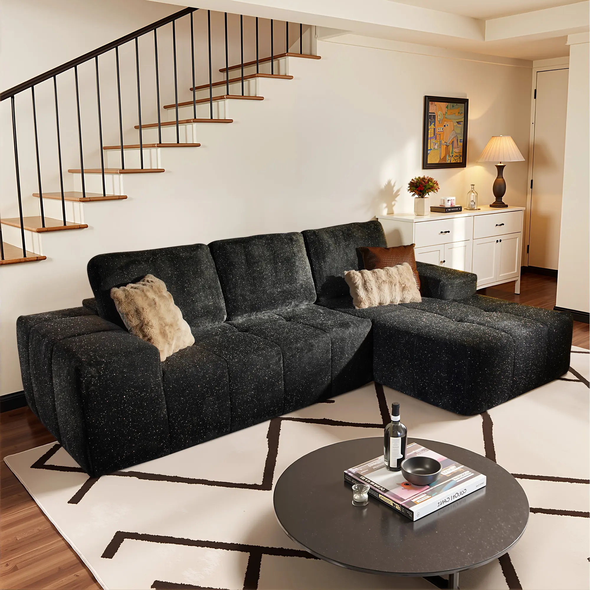 114" Grey Starry Sky Fabric Right Chaise