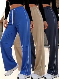 Women’s 3-piece set of high-waisted wide-leg athletic pants with white trim—wrinkle-resistant, smooth drape that resists wrinkles and creates a slimming effect; comfortable casual athletic pants.