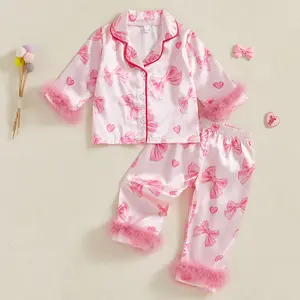 Kid Girl Satin Pajamas Set Bow Print Feather Cuffs Long Sleeve Lapel Button Down Tops with Pants Sleepwear