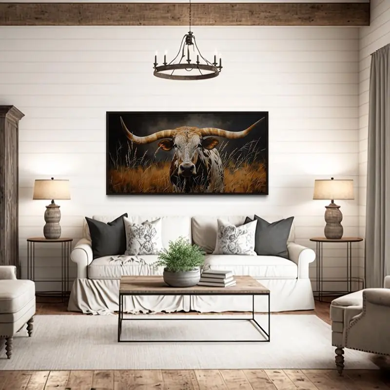 [UNFRAMED POSTER] Texas Longhorn Steer In Grass Dark Brown Painting  Print,Farmhouse Wall Art, Cow Rustic Wall Art